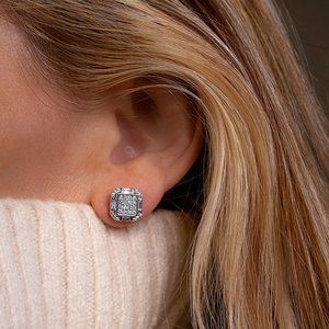 Gold CZ Stud Earrings, 14k Gold 10mm Icy Bling Square CZ Studs